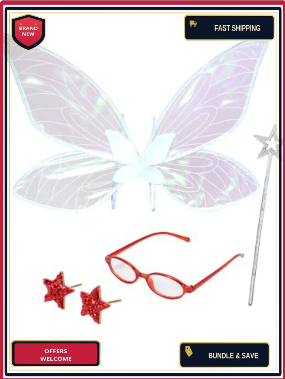 Fairy Godmother Costume Accessory Set Wings Wand Glasses Earrings